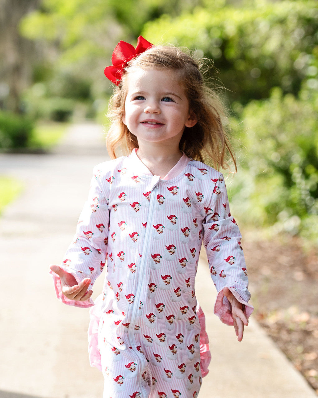 Pink And Red Gingham Knit Santa Face Zipper Pajamas