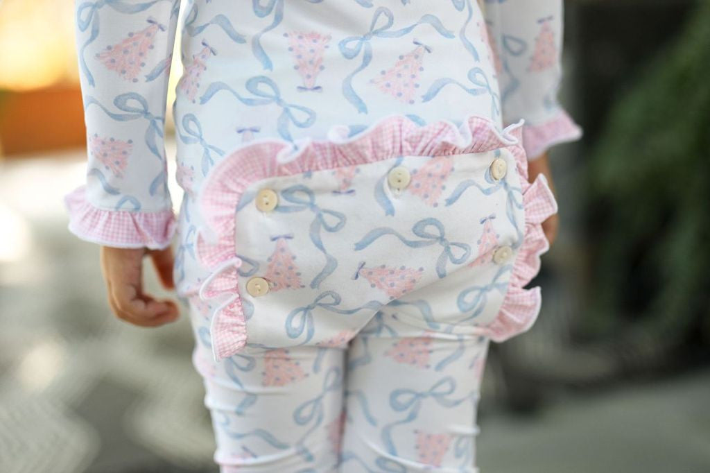 Pink And Blue Knit Christmas Tree And Ribbon Zipper Pajamas