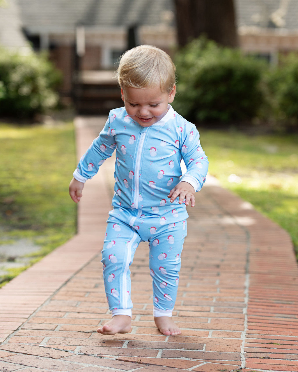 Blue Knit Santa And Candy Cane Zipper Pajamas