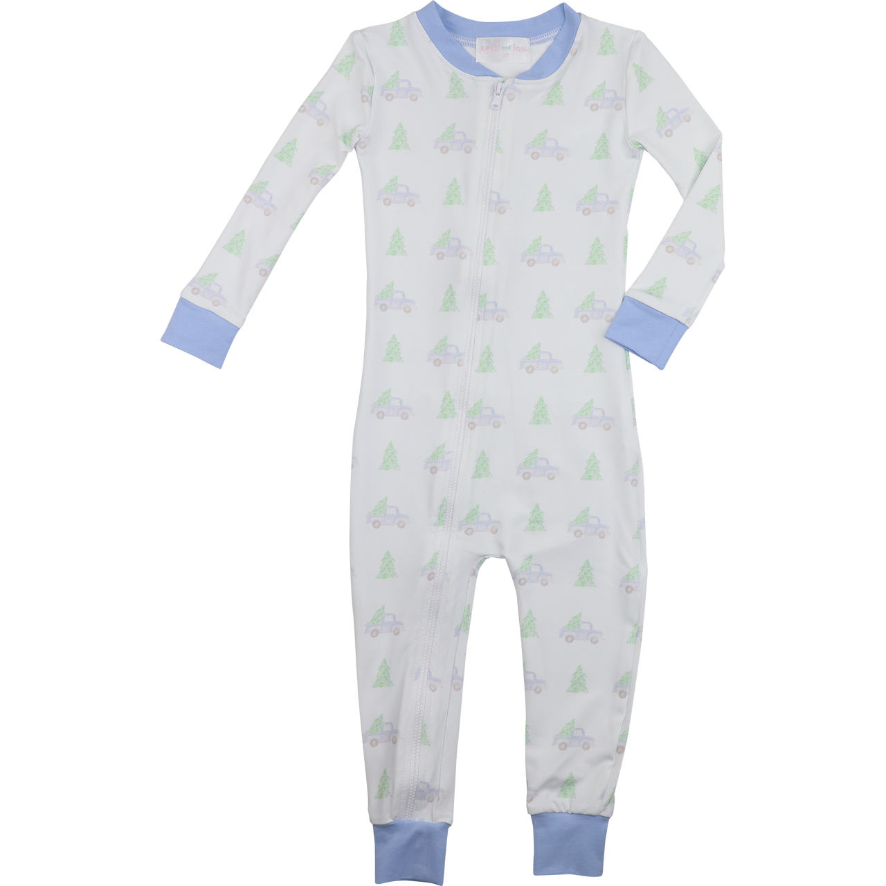 Blue Knit Christmas Car And Tree Zipper Pajamas