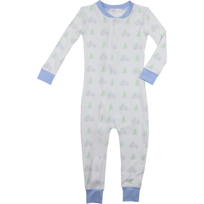 Blue Knit Christmas Car And Tree Zipper Pajamas