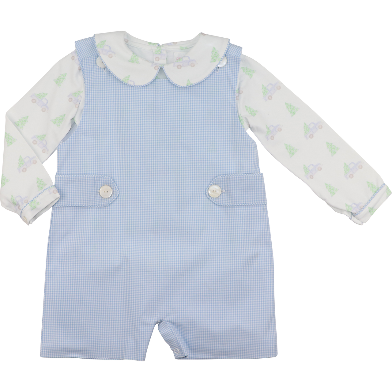 Cecil & Lou Blue Gingham Truck and Christmas Tree Short Romper Set