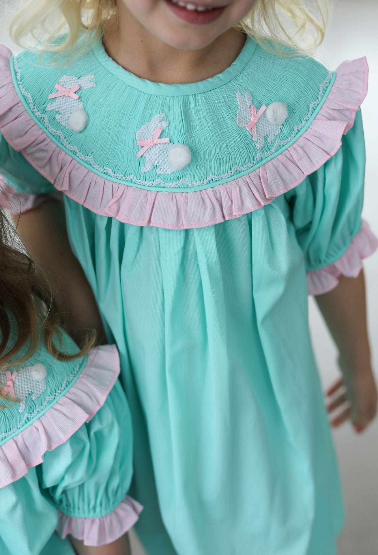 Mint And Pink Smocked Bunnies Dress