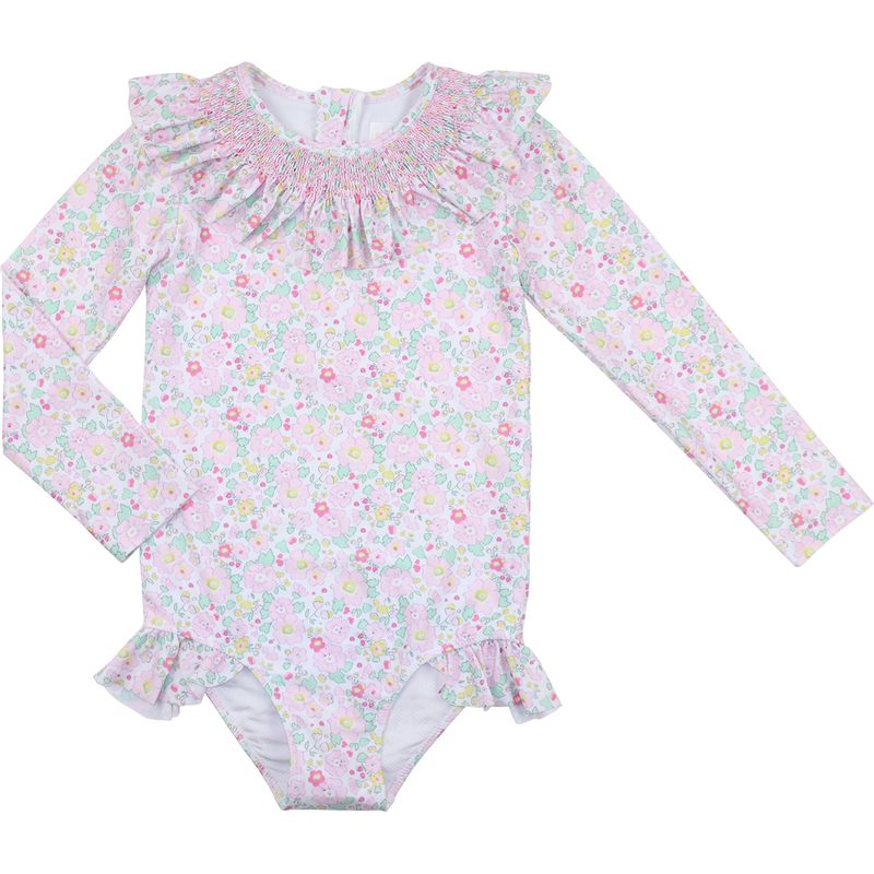 Pastel Floral Smocked Long Sleeve Swimsuit