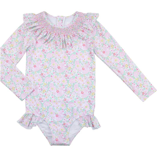 Pastel Floral Smocked Long Sleeve Swimsuit