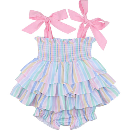 Pastel Striped Ruffle Smocked Diaper Set