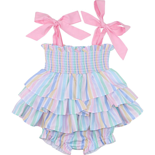 Pastel Striped Ruffle Smocked Diaper Set