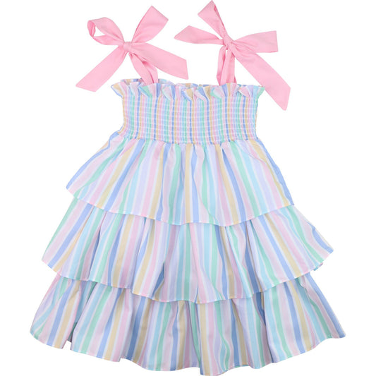 Pastel Striped Ruffle Smocked Dress