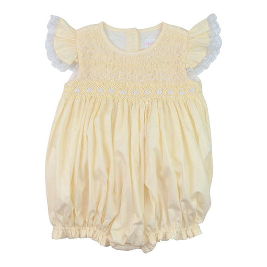Yellow baby romper with ruffled sleeves on a white background