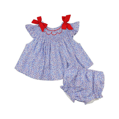 Patriotic Floral Smocked Bow Diaper Set