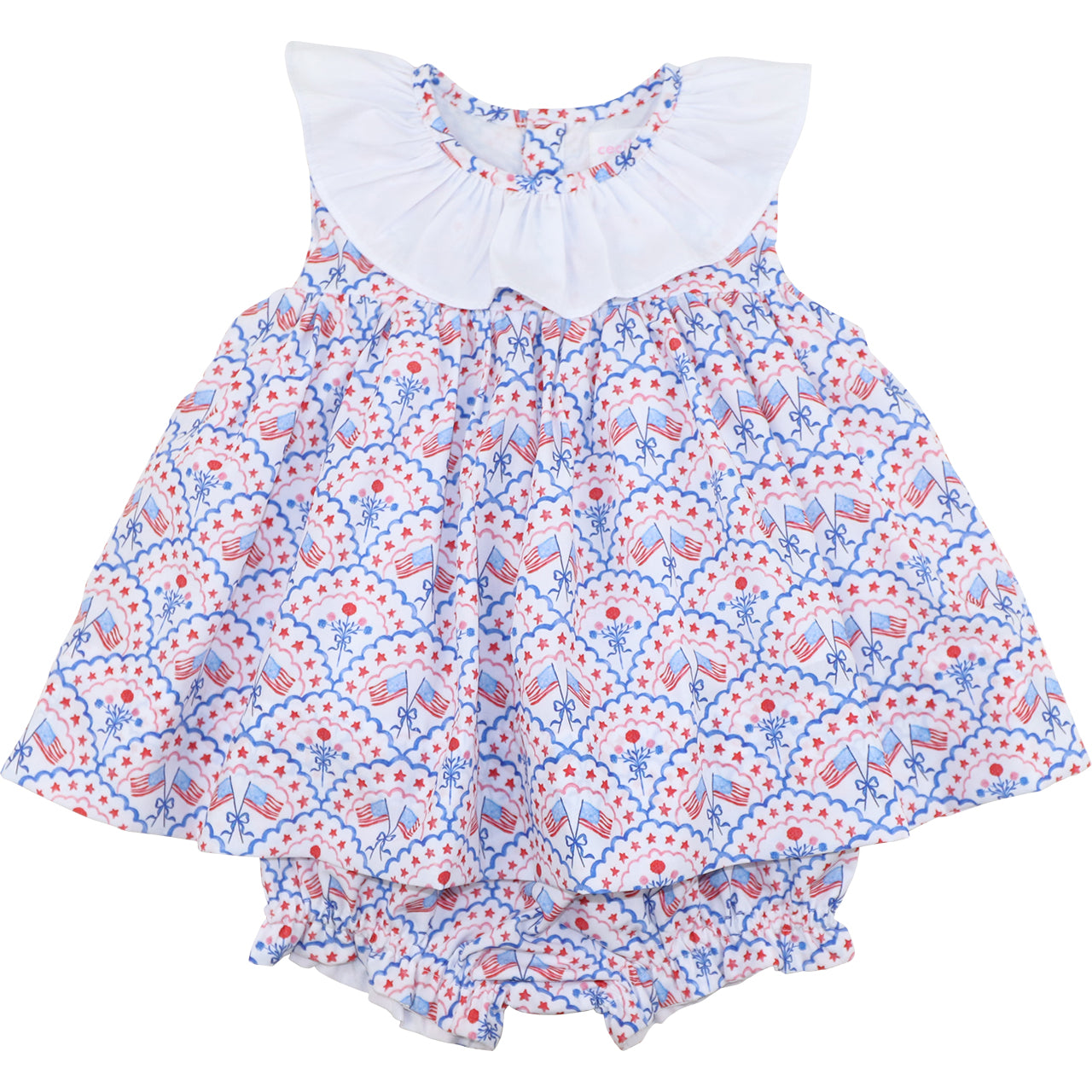 Baby diaper set with red, white, and blue pattern on a white background