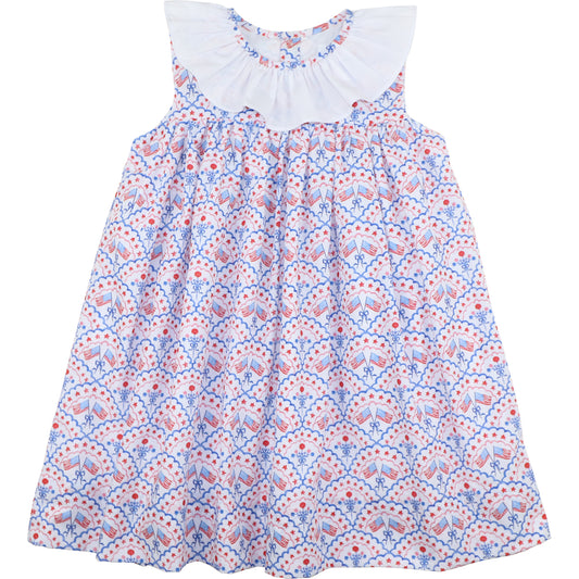 Floral patterned dress with white collar on a white background