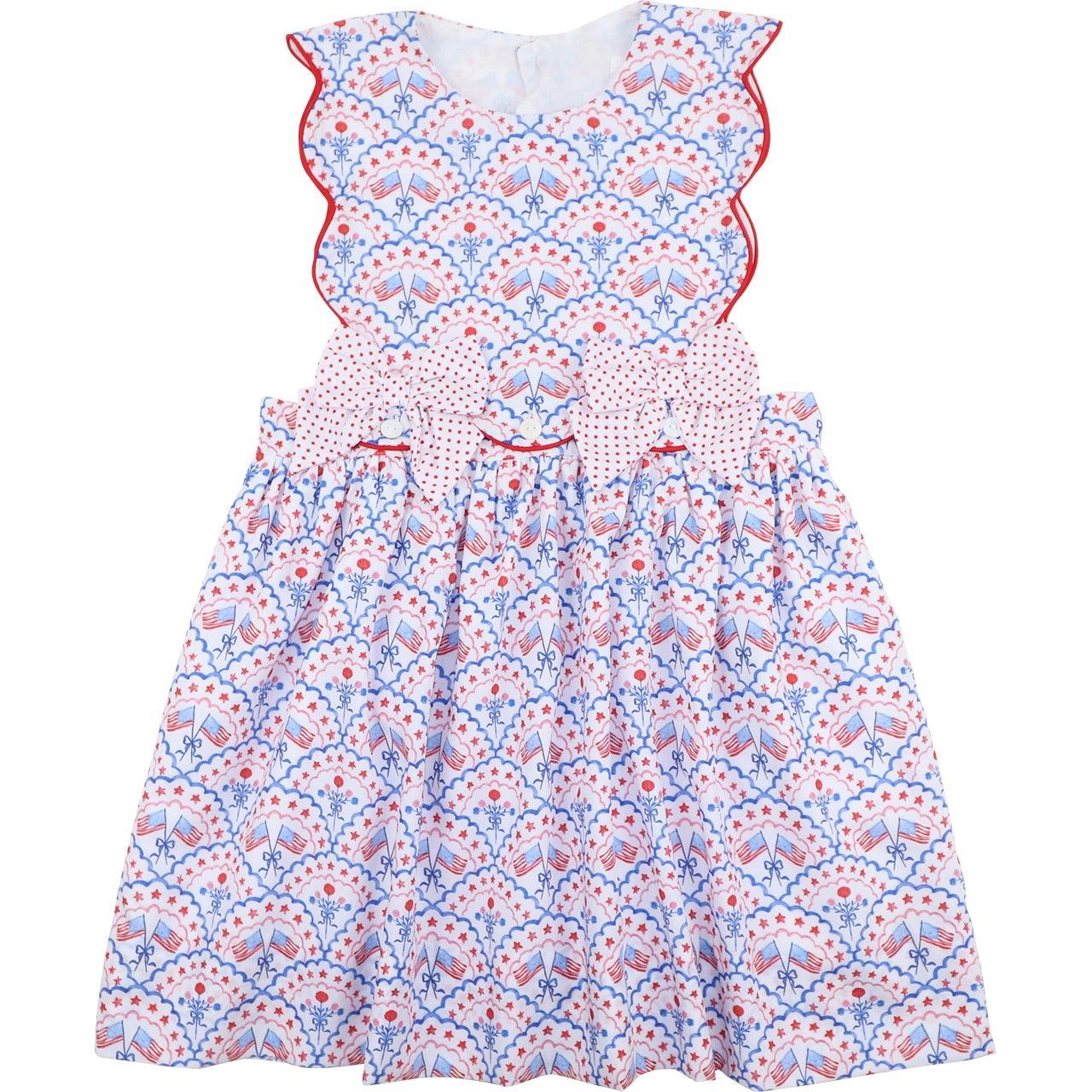 Floral patterned dress with red and blue accents on a white background