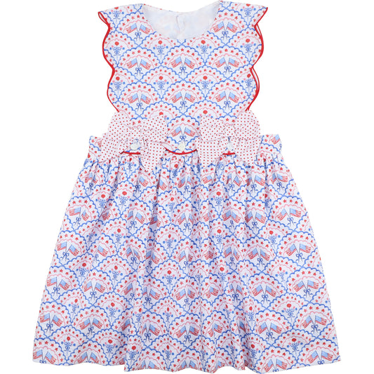 Floral patterned dress with red and blue accents on a white background