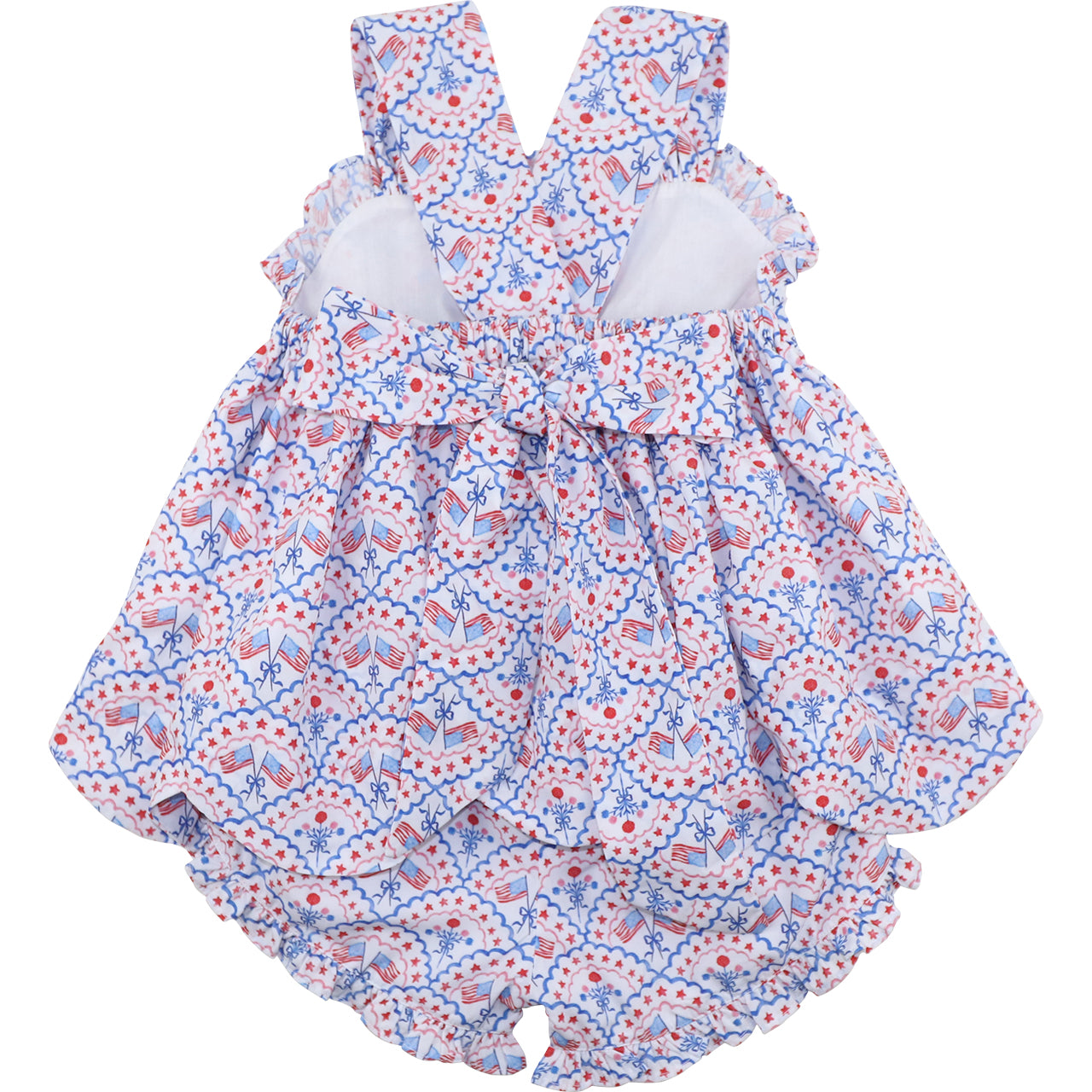Floral baby romper with ruffled details on a white background