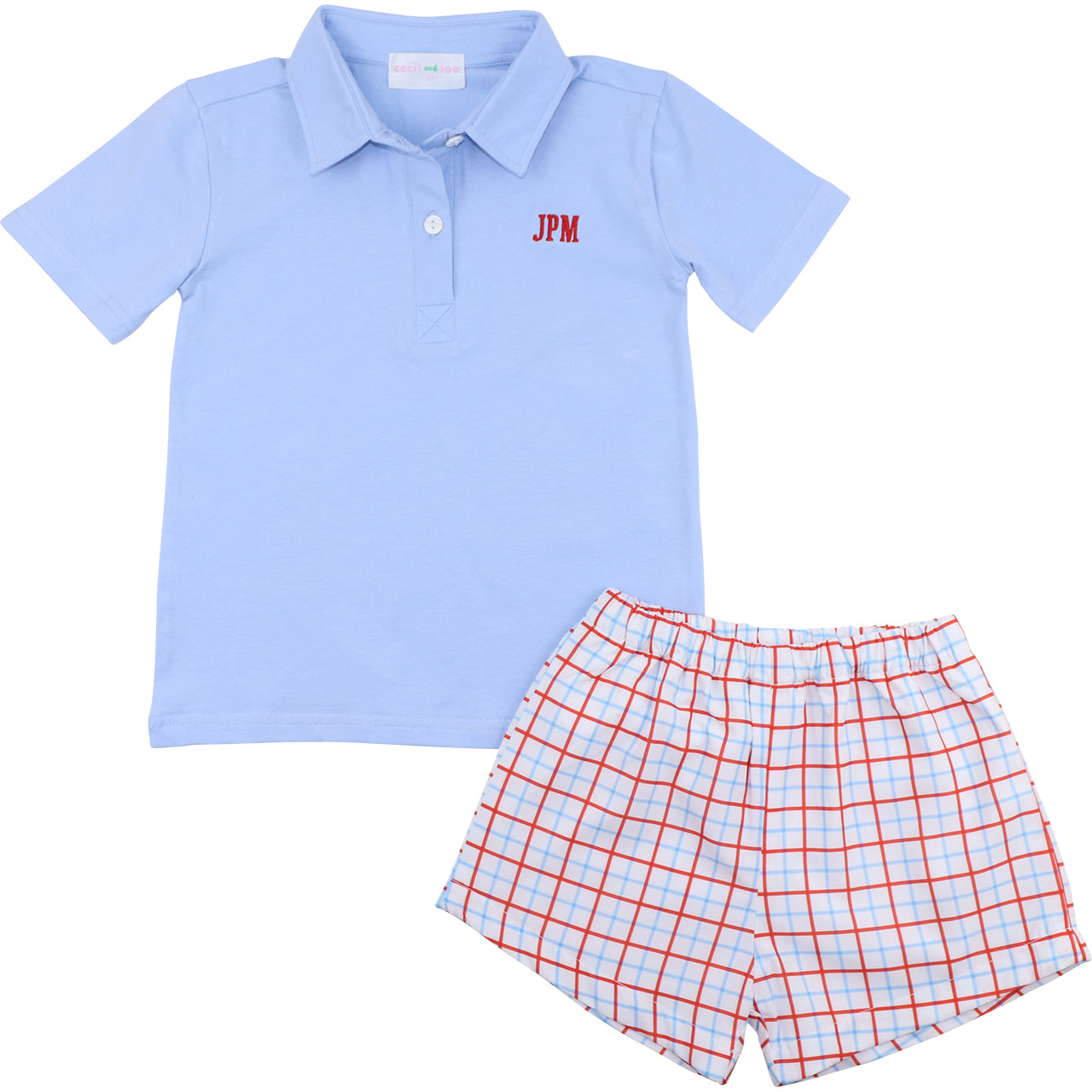 Light blue polo shirt with red text and plaid shorts on a white background
