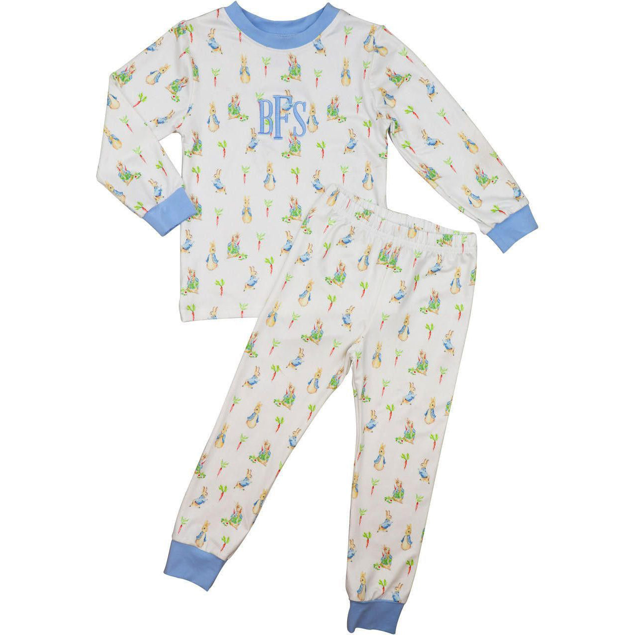 Children's pajama set with a pattern and 'BRC' initials on a white background