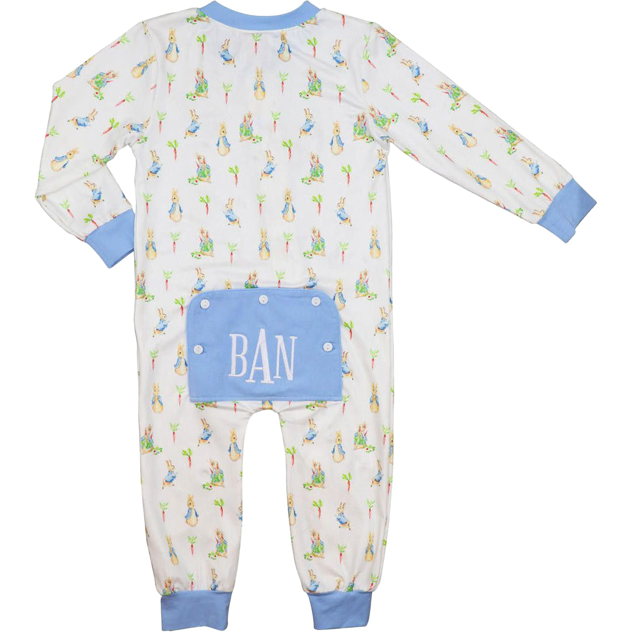 Children's onesie with a pattern and blue accents on a white background