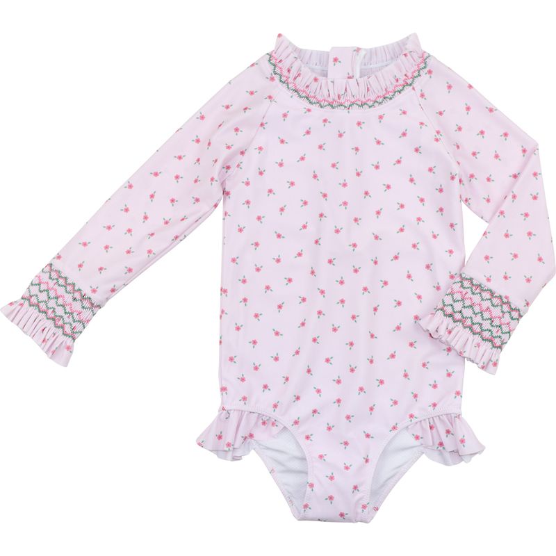 Petite Flower Smocked Long Sleeve Swimsuit