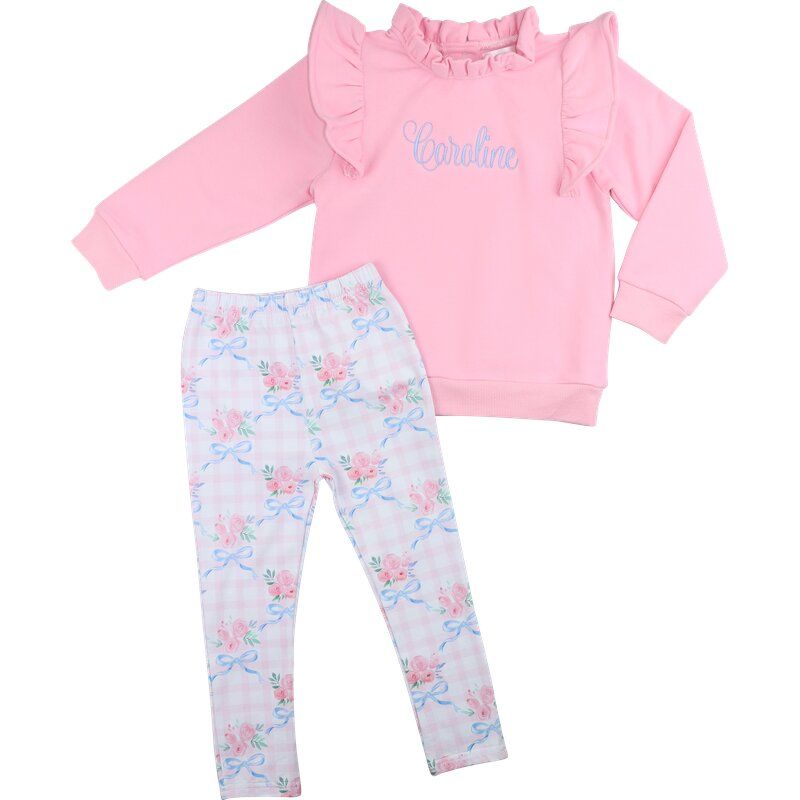 Pink And Blue Bouquet And Bow Legging Set