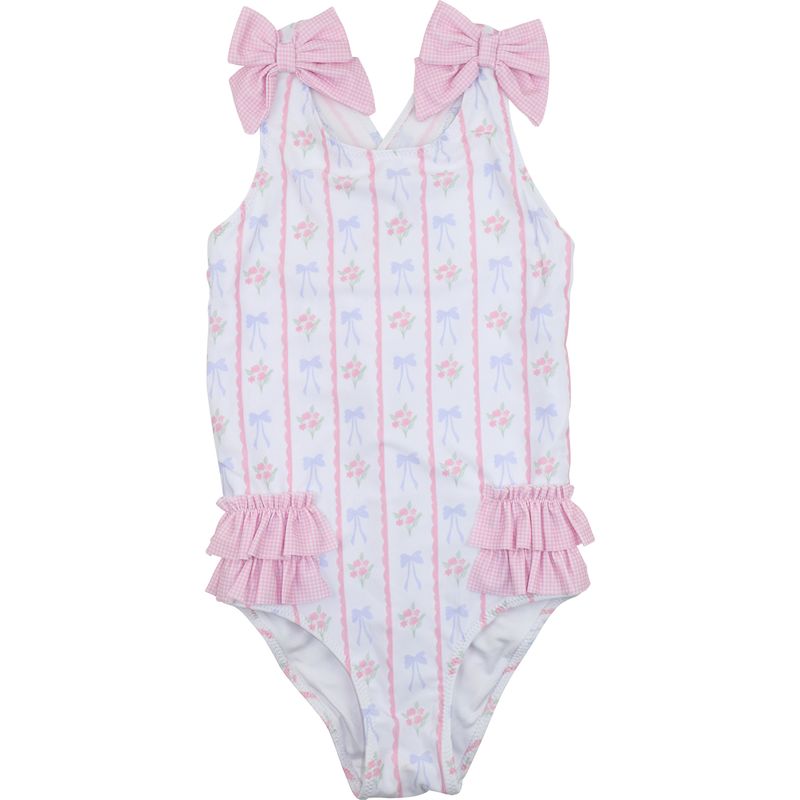 Pink And Blue Floral Bow Swimsuit