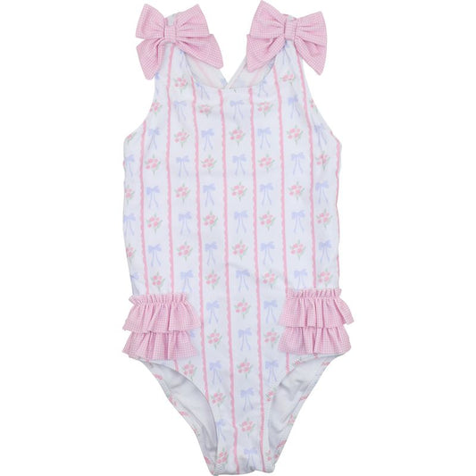 Pink And Blue Floral Bow Swimsuit