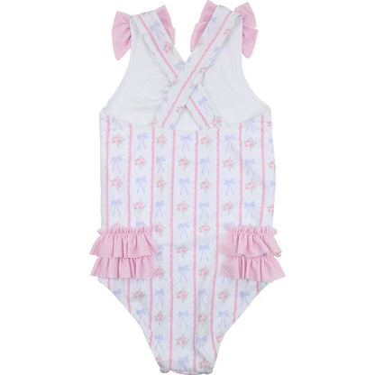 Pink And Blue Floral Bow Swimsuit