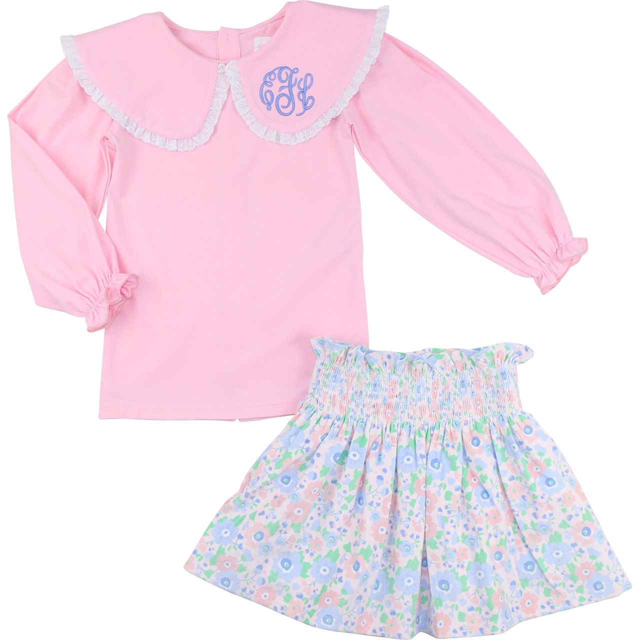 Pink And Blue Floral Corduroy Smocked Skirt Set
