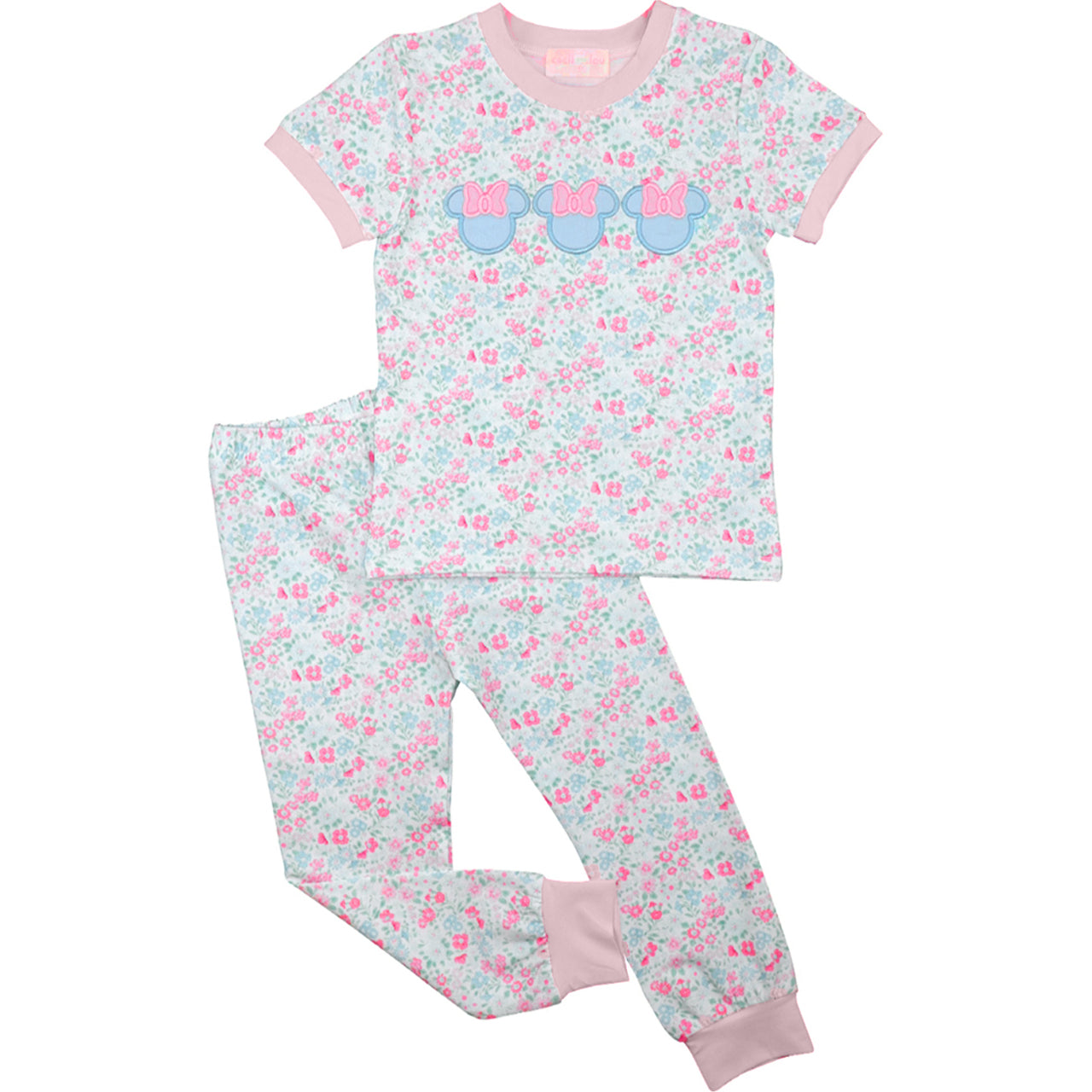 Pink And Blue Floral Mouse Ears Knit Pajamas