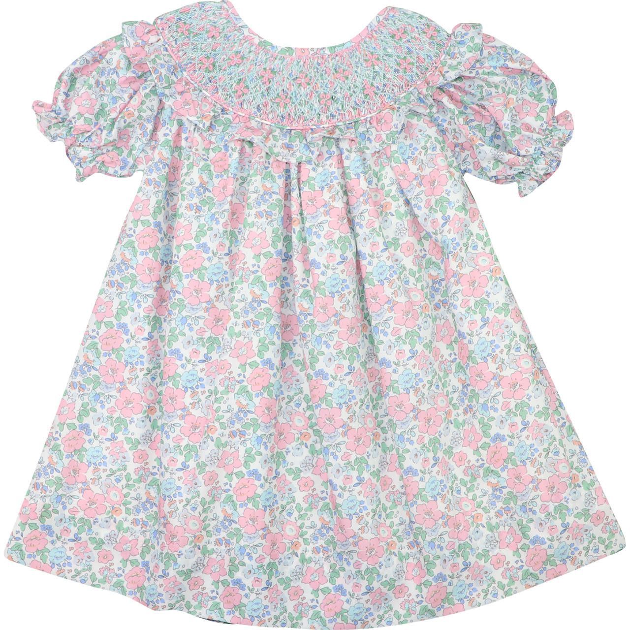 Pink And Blue Floral Smocked Dress