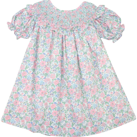 Pink And Blue Floral Smocked Dress