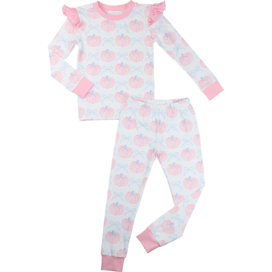 girls pajama set with pumpkin pattern on a white background