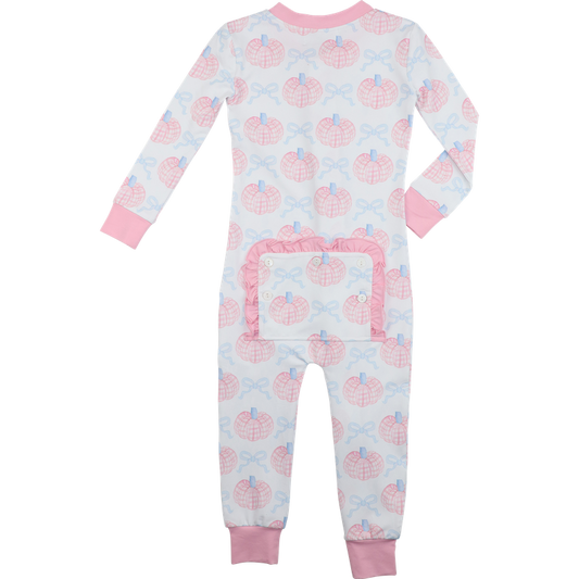 girls pajama set with pink and blue pumpkin pattern on a white background