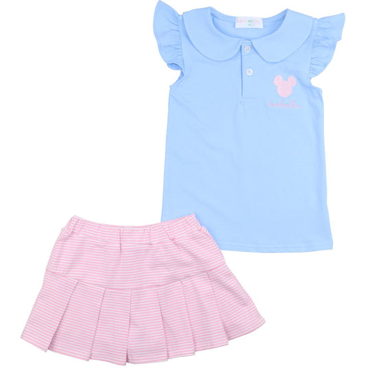 Pink And Blue Knit Mouse Ears Tennis Skirt Set