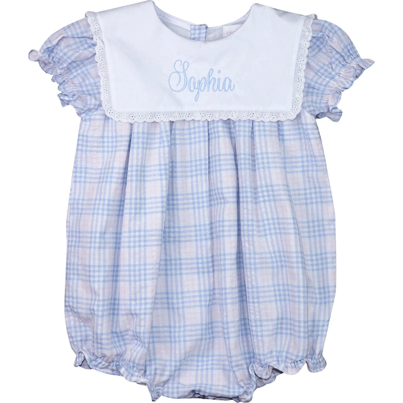 Baby romper with blue check pattern and white collar, featuring the name 'Sophia'.