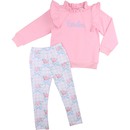 Pink And Blue Rose Bouquet Legging Set