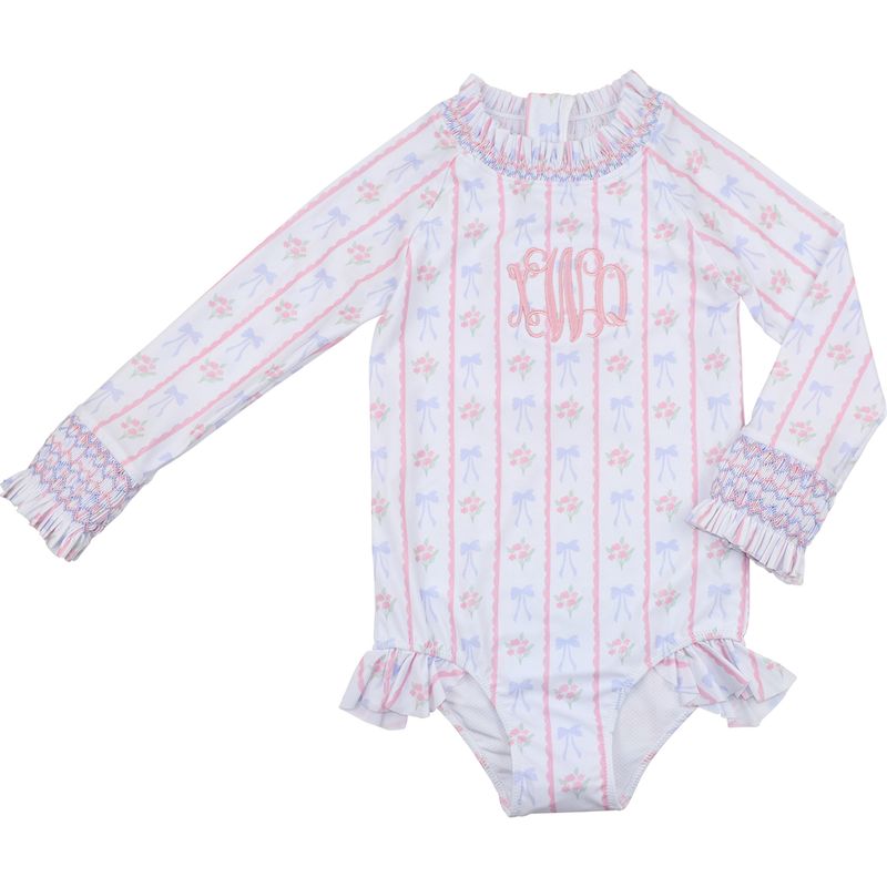 Pink And Blue Smocked Floral Long Sleeve Swimsuit