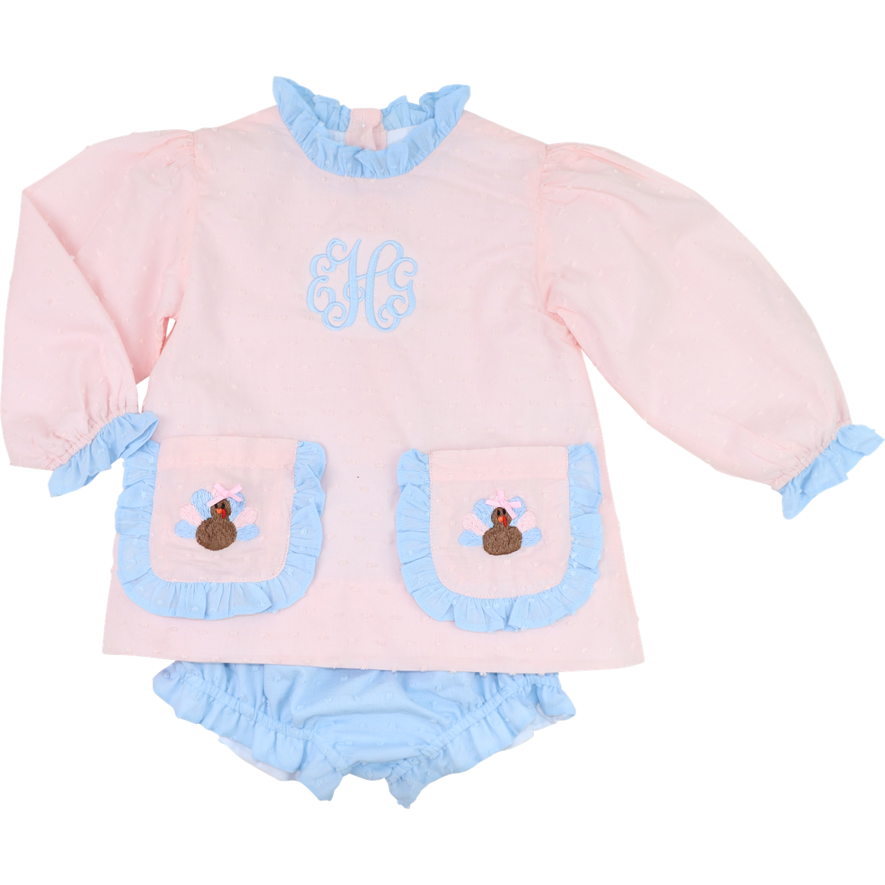 Pink And Blue Swiss Dot Embroidered Turkey Diaper Set