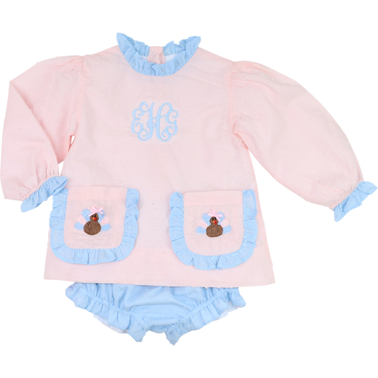 Pink And Blue Swiss Dot Embroidered Turkey Diaper Set