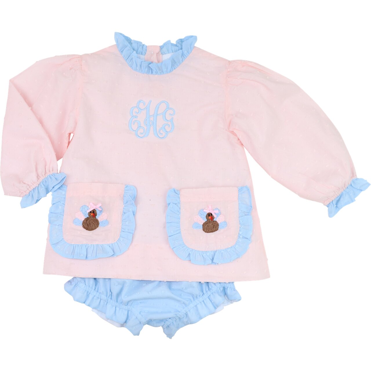 Pink And Blue Swiss Dot Embroidered Turkey Diaper Set