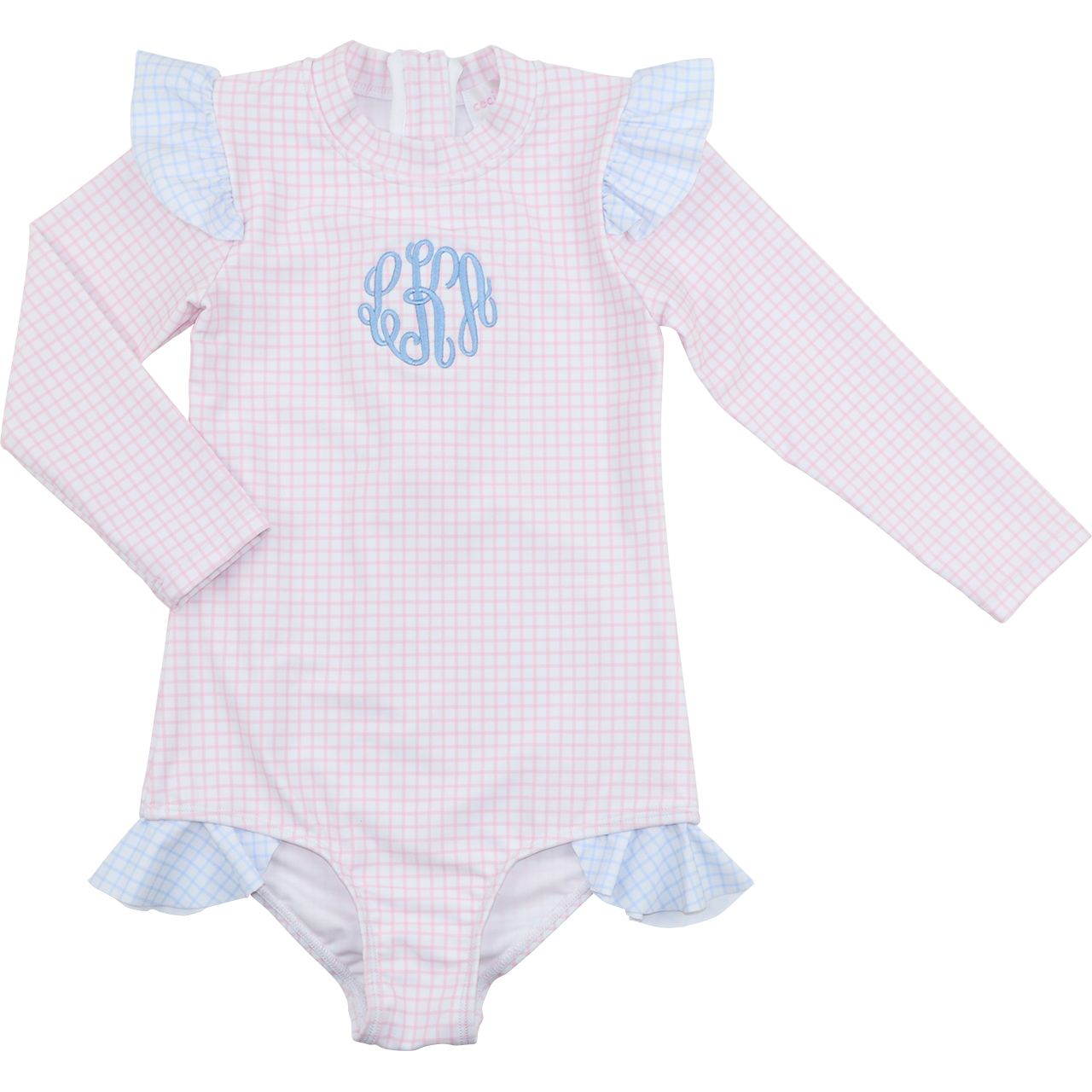 Pink And Blue Windowpane Long Sleeve Lycra Swimsuit