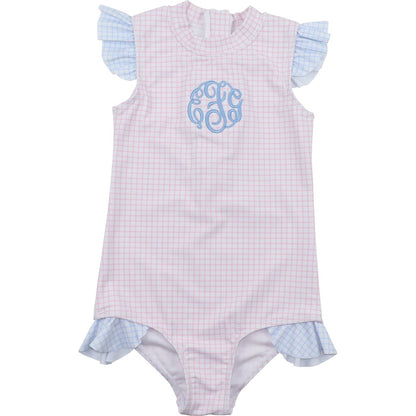 Pink And Blue Windowpane Lycra Swimsuit