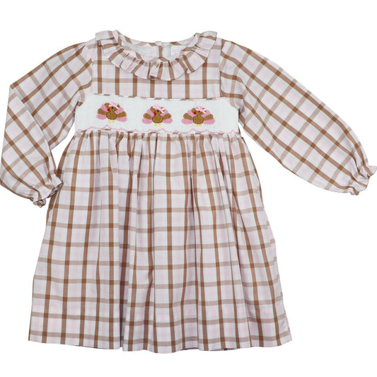 Pink And Brown Check Smocked Turkeys Dress