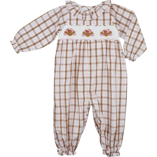 Pink And Brown Check Smocked Turkeys Long Bubble