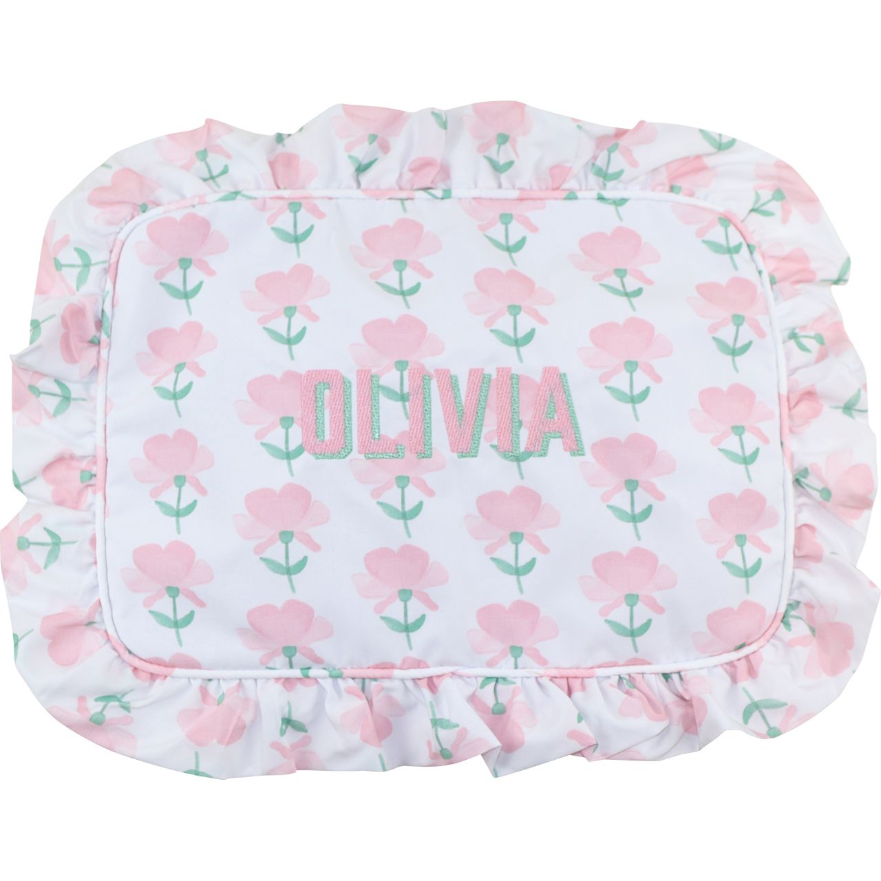 Pink And Green Floral Ruffle Zipper Pouch
