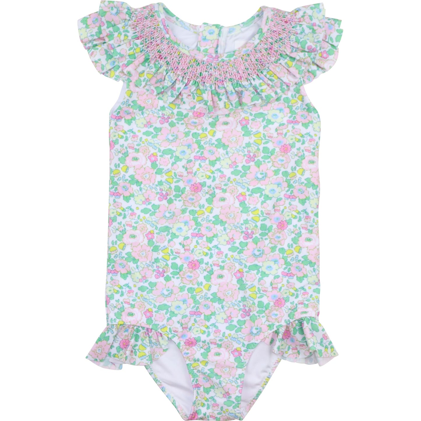 Pink And Green Liberty Puff Sleeve Smocked Swimsuit