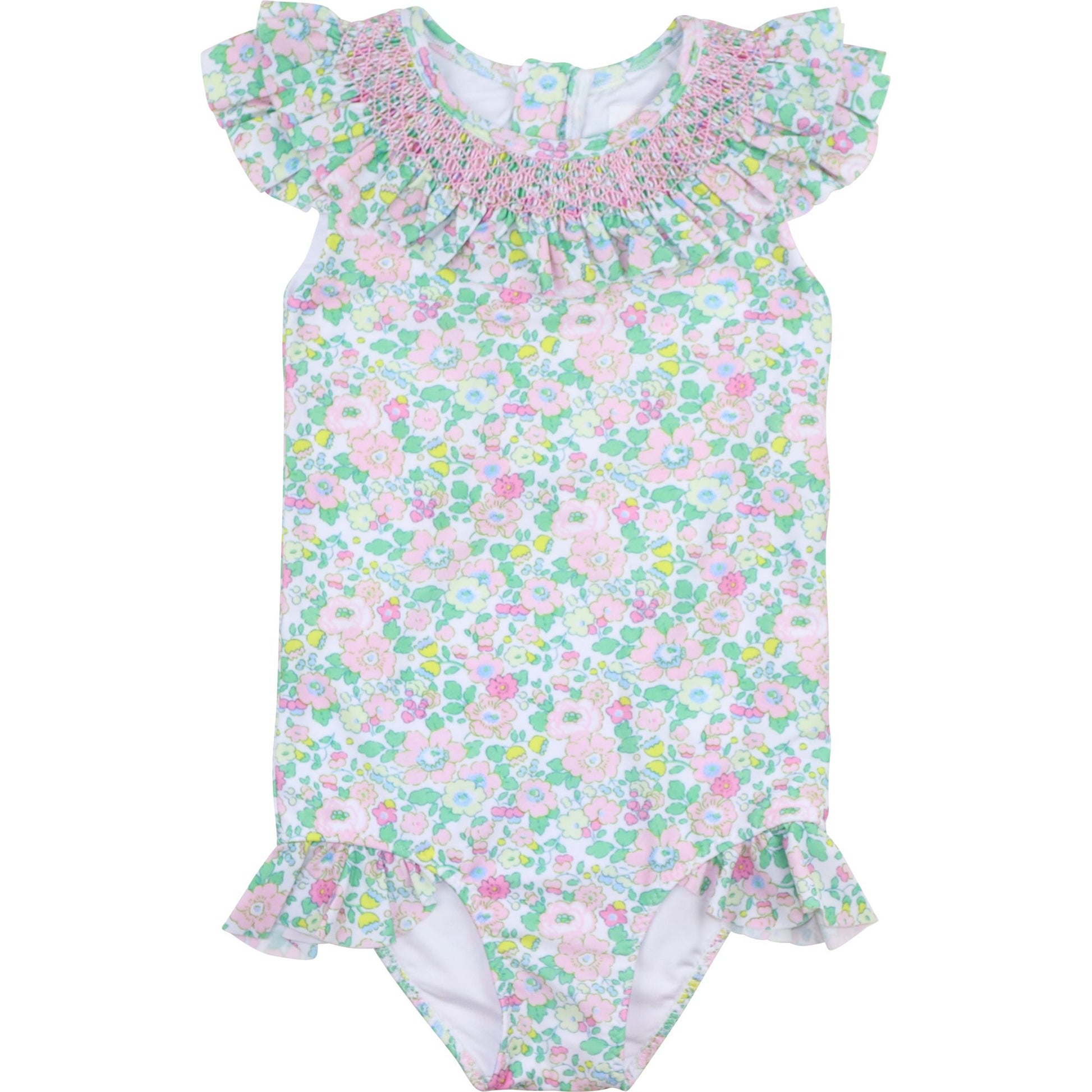 Pink And Green Liberty Puff Sleeve Smocked Swimsuit