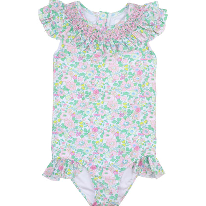 Pink And Green Liberty Puff Sleeve Smocked Swimsuit
