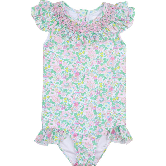 Pink And Green Liberty Puff Sleeve Smocked Swimsuit