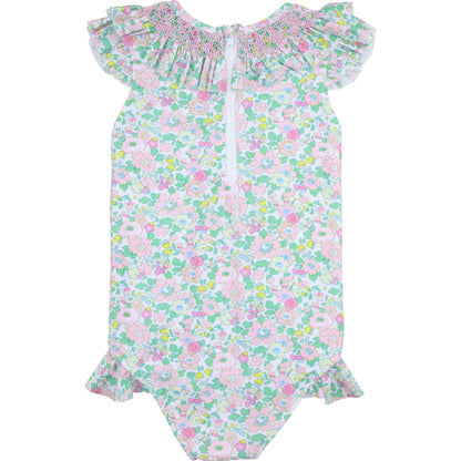 Pink And Green Liberty Puff Sleeve Smocked Swimsuit